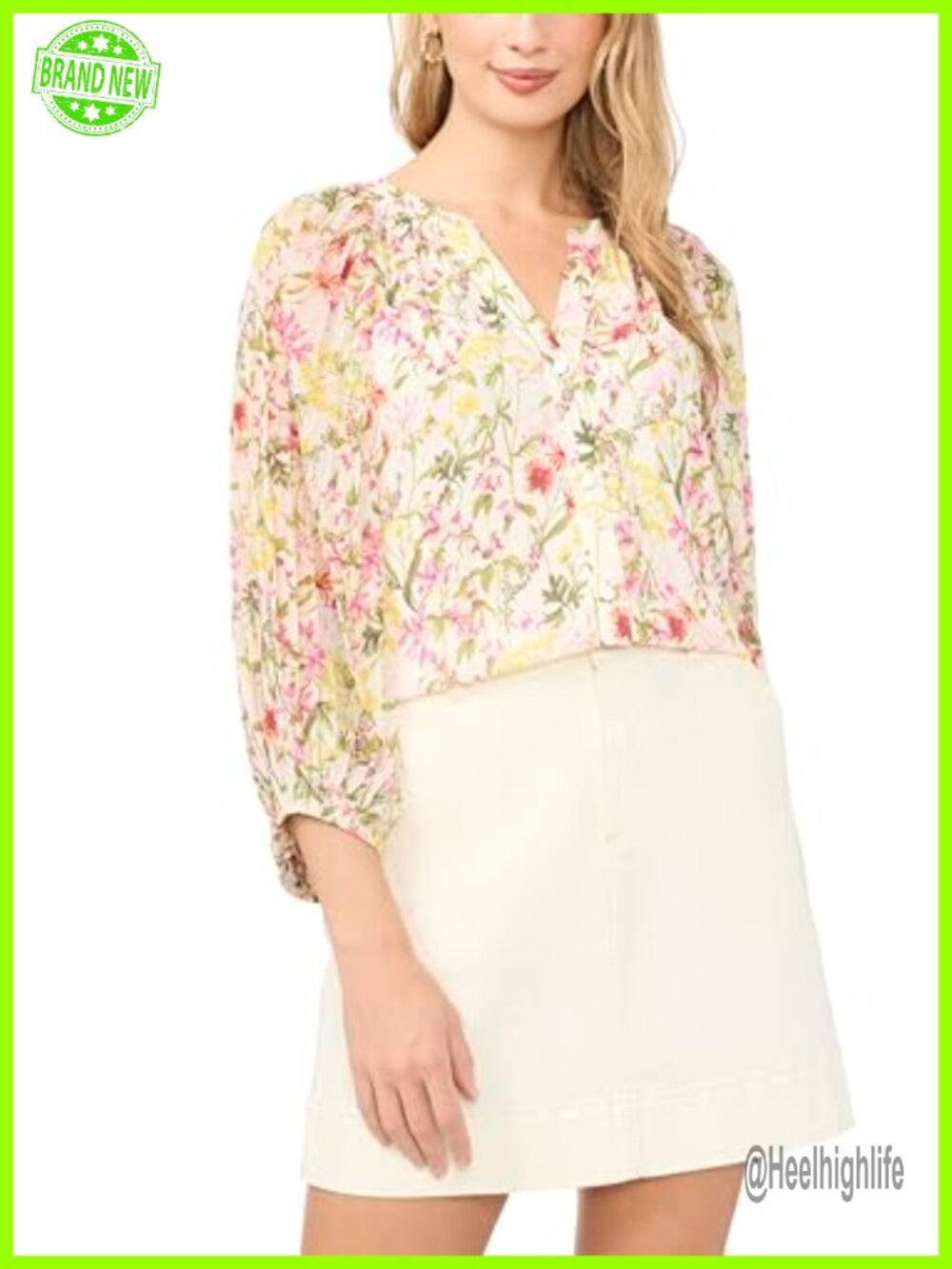 Vince Camuto Floral Button Up Pleated 3/4 Sleeve Blouse Top